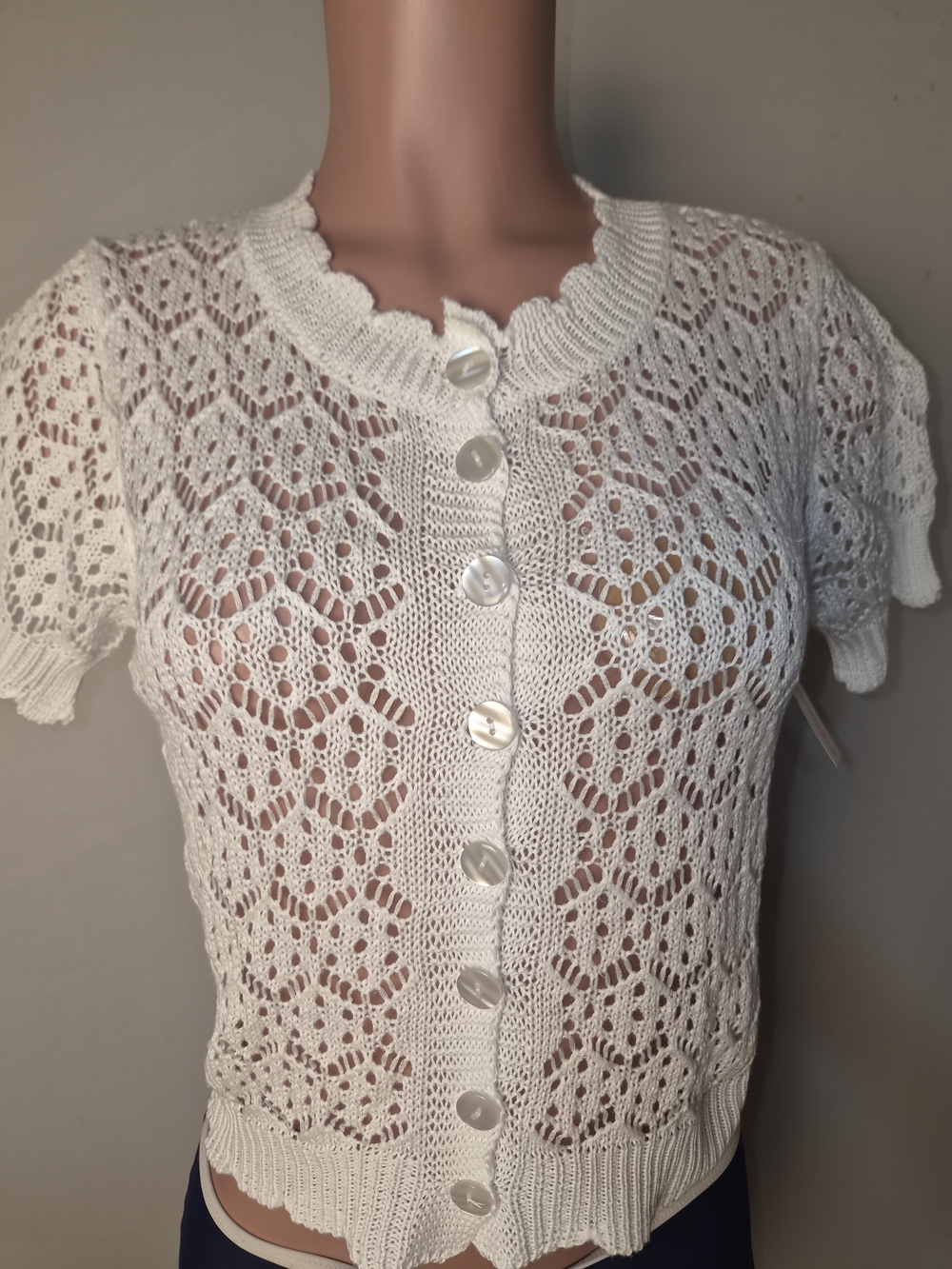 White Crochet Knit Button-Up Short Sleeve Cardigan